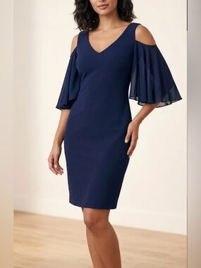 Frank Lyman Design Navy Blue Cold-Shoulder V-Neck Dress Women’s Size 8